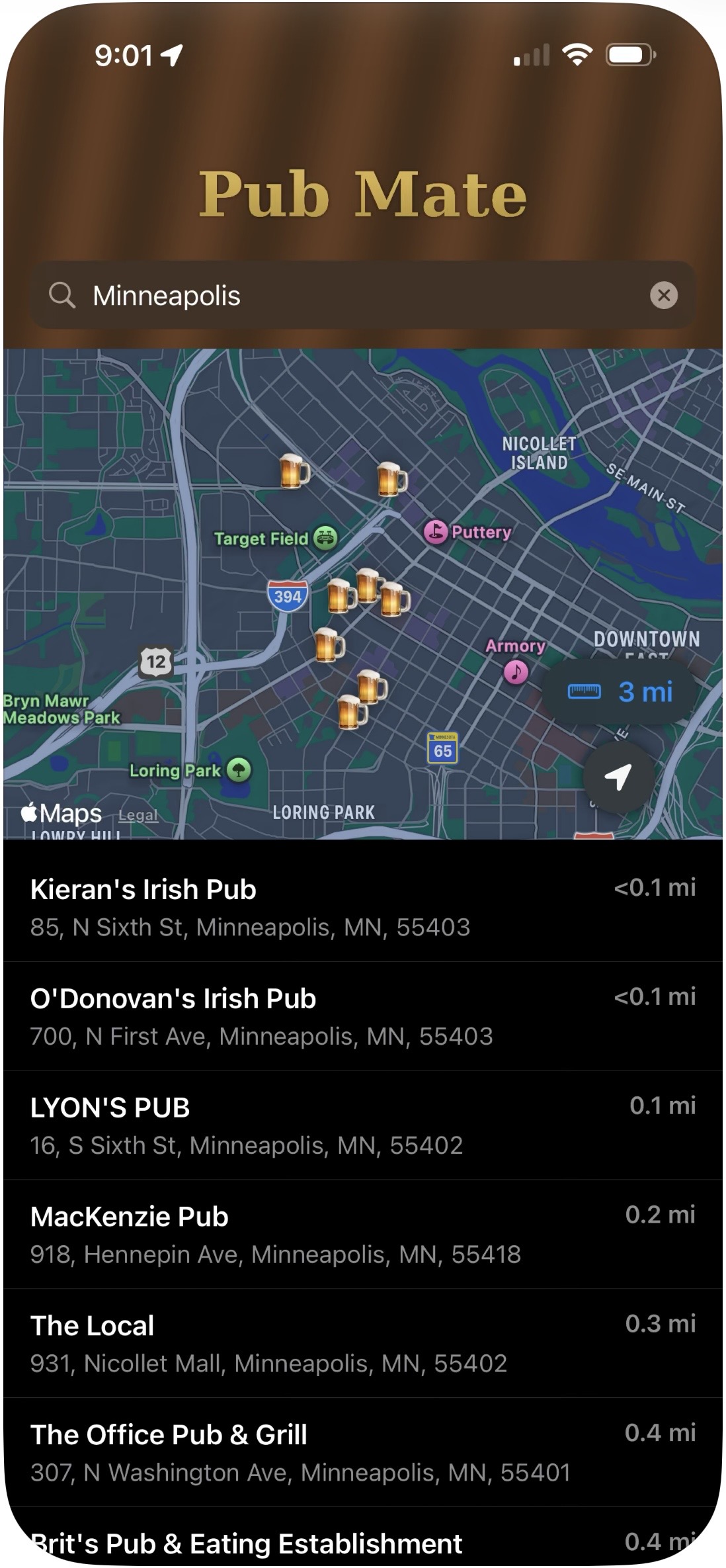 Map view showing nearby pubs